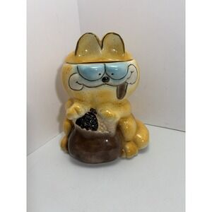 Vtg Garfield Ceramic Cookie Jar W/ Lid Sitting Holding Sack Loot Bag 70s/80s